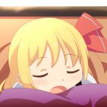  1girl blonde_hair cato_(monocatienus) closed_eyes drooling hair_ribbon lying on_stomach open_mouth pillow ribbon rumia short_hair sleeping solo touhou 