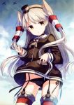  1girl absurdres amatsukaze_(kantai_collection) black_panties blush brown_eyes choker garter_straps h2so4 highres kantai_collection long_hair looking_at_viewer panties red_legwear school_uniform serafuku side-tie_panties silver_hair solo thigh-highs twintails two_side_up underwear 