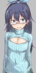  1girl alternate_costume antenna_hair aqua-framed_glasses aqua_eyes bespectacled black_hair blush breasts bust cleavage cleavage_cutout earrings ganaha_hibiki glasses grey_background hair_ribbon hoop_earrings idolmaster jewelry long_hair open-chest_sweater ribbed_sweater ribbon solo spirytus_tarou sweatdrop sweater tears turtleneck 