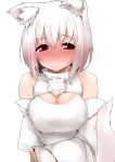  1girl animal_ears blush breasts cleavage cleavage_cutout detached_sleeves inubashiri_momiji large_breasts looking_at_viewer open-chest_sweater red_eyes revision ribbed_sweater short_hair simple_background sleeveless sleeveless_turtleneck solo sweater tail tera_zip touhou turtleneck white white_background white_hair wolf_ears wolf_tail 