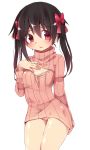  1girl black_hair bra cleavage_cutout flat_chest hair_ribbon hand_on_own_chest long_hair love_live!_school_idol_project open-chest_sweater red_eyes ribbed_sweater ribbon simple_background solo sweater turtleneck twintails underwear ururu1998 white_background yazawa_nico 