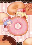  2girls =d ^_^ bat_wings blonde_hair blue_hair chibi closed_eyes doughnut eating flandre_scarlet long_hair looking_at_another luce_(3lil) mob_cap multiple_girls open_mouth remilia_scarlet short_hair side_ponytail smile touhou wings |_| 