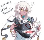  1girl cape character_name cheek_pull colored_eyelashes copyright_name creature dark_skin dated familiar flying_sweatdrops guilty_gear guilty_gear_xrd no_hat ramlethal_valentine simple_background solo white_background white_hair whitesesame yellow_eyes 
