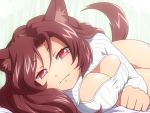  1girl alternate_costume animal_ears breasts brown_hair cleavage cleavage_cutout fang fangs imaizumi_kagerou large_breasts long_sleeves looking_at_viewer lying naked_sweater no_pants on_side open-chest_sweater pink_eyes ribbed_sweater shirosato solo sweater tail touhou wolf_ears wolf_tail 