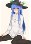  1girl alternate_costume black_legwear blue_hair blush cleavage_cutout food fruit hat hinanawi_tenshi long_hair looking_at_viewer momo_retasu open-chest_sweater pantyhose peach red_eyes ribbed_sweater simple_background small_breasts solo sweater touhou turtleneck 