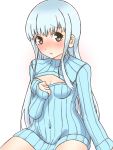  1girl aoki_hagane_no_arpeggio blue_hair cleavage_cutout green_eyes iona long_hair open-chest_sweater ribbed_sweater sweater yosshy815 