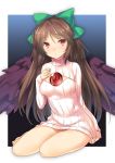  1girl 47agdragon bow brown_hair cleavage_cutout feathered_wings hair_bow hair_ribbon highres long_hair looking_at_viewer open-chest_sweater parted_lips red_eyes reiuji_utsuho ribbed_sweater ribbon sitting solo sweater third_eye touhou wings 