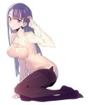  breasts character_request cleavage cleavage_cutout mckeee open-chest_sweater pantyhose purple_hair sweater violet_eyes 