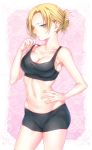  1girl annie_leonhardt bare_shoulders blonde_hair blue_eyes breasts cleavage collarbone folded_ponytail hand_on_stomach heart large_breasts lips looking_at_viewer mayoyara midriff navel pink_background shingeki_no_kyojin shiny shiny_hair shorts skindentation solo sports_bra star strap_pull sweatdrop 