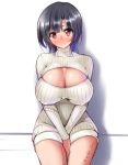  1girl between_legs black_hair blush breasts cleavage_cutout commentary hand_between_legs head_tilt huge_breasts kantai_collection light_smile midoriiro_no_shinzou open-chest_sweater red_eyes ribbed_sweater shadow short_hair sitting solo sweater takao_(kantai_collection) thighs turtleneck twitter_username wall 