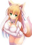  1girl animal_ears blonde_hair breasts cleavage cleavage_cutout fox_ears fox_tail green_eyes hair_ribbon highres jewelry leaning_forward long_hair looking_at_viewer necklace open-chest_sweater original pendant ribbed_sweater ribbon simple_background skindentation solo sweater tail thigh-highs thighs white_background white_legwear yuzu_modoki 