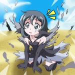  1girl :o all_fours black_gloves black_hair black_legwear blue_eyes boots elbow_gloves feathers gloves happinesscharge_precure! highres precure queen_mirage short_hair skirt solo spoilers thigh-highs thigh_boots torn_clothes watosonshi 
