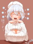  1girl arm_rest blush breast_rest breasts cleavage cleavage_cutout colored_eyelashes commentary_request dated fingers_together grey_hair hat head_tilt highres huge_breasts letty_whiterock open-chest_sweater open_mouth pyonsuke0141 ribbed_sweater simple_background sketch smile solo sweater teeth tongue touhou translated turtleneck 