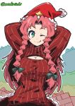  1girl ;q alternate_costume arms_behind_head blue_eyes braid breasts cleavage cleavage_cutout hat hong_meiling ichigatsu_toshikazu looking_at_viewer one_eye_closed open-chest_sweater pink_hair ribbed_sweater santa_hat solo star sweater tongue tongue_out touhou twin_braids 