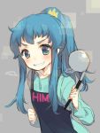  1girl apron aqua_shirt blue_eyes blue_hair character_name clothes_writing eyebrows furrowed_eyebrows happinesscharge_precure! ladle long_hair precure shirayuki_hime smile solo yamucha 