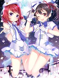  2girls :o ;d bangs beret black_hair black_legwear blush boots bow bowtie buttons cityscape dress earrings feathers fingerless_gloves floral_print frills full_moon gendo0033 gloves hair_ornament hair_ribbon hat heart highres jewelry kneehighs looking_at_viewer love_live!_school_idol_project moon multiple_girls necktie nishikino_maki one_eye_closed open_mouth red_eyes redhead ribbon short_hair short_sleeves sky sleeveless smile sparkle star star_(sky) starry_sky twintails violet_eyes wonderful_rush yazawa_nico 