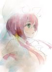  1girl bridal_veil bust cravat elphelt_valentine faux_traditional_media green_eyes guilty_gear guilty_gear_xrd hairband kumako_(sono328) lips partially_colored pink_hair pink_ribbon puffy_sleeves ribbon short_hair solo spikes traditional_media veil watercolor_(medium) 