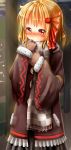  1girl absurdres alternate_costume blonde_hair blush child hair_ribbon highres miutolily red_eyes ribbon rumia scarf short_hair skirt smile touhou winter_clothes winter_coat 