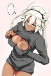  ... 1girl breasts brown_eyes cleavage cleavage_cutout glasses hair_ornament highres kantai_collection large_breasts long_sleeves musashi_(kantai_collection) naked_sweater no_pants open-chest_sweater ribbed_sweater silver_hair solo sweatdrop sweater twintails two_side_up yaruku 