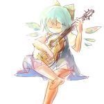  1girl barefoot blue_dress blue_hair cirno closed_eyes dress guitar ice ice_wings instrument lowres myomyo playing_instrument short_hair sketch solo touhou wings 
