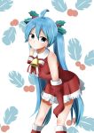  1girl absurdres ahoge blue_eyes blue_hair boots christmas elbow_gloves gloves hatsune_miku highres holly kazenoko knee_boots long_hair skirt solo twintails very_long_hair vocaloid 