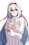  1girl brown_eyes bust cleavage_cutout headband jewelry kantai_collection long_hair open-chest_sweater open_mouth personification ribbed_sweater ring ruuto_(sorufu) safe shoukaku_(kantai_collection) sweater turtleneck white_hair 