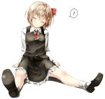  ! 1girl ^_^ ascot brown_hair closed_eyes gorilla_(bun0615) highres looking_at_viewer mary_janes rumia shoes short_hair simple_background sitting smile socks solo spoken_exclamation_mark touhou white_background white_legwear 