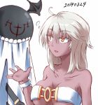  1girl ahoge beltbra breasts cape cleavage collarbone colored_eyelashes creature dark_skin dated dressing familiar guilty_gear guilty_gear_xrd long_hair no_hat open_mouth ramlethal_valentine simple_background solo under_boob white_background white_hair whitesesame yellow_eyes 