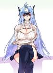  1girl alternate_costume black_legwear blue_hair breast_hold breasts cleavage cleavage_cutout crossed_arms crossed_legs headgear highres kos-mos large_breasts long_hair looking_at_viewer negresco open-chest_sweater red_eyes ribbed_sweater skirt solo sweater thigh-highs turtleneck very_long_hair xenosaga xenosaga_episode_iii 