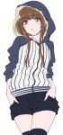  1girl amagami bangs blunt_bangs blush brown_eyes brown_hair denim denim_shorts hands_in_pockets hoodie kamizaki_risa long_hair pantyhose raglan_sleeves shorts shouji_2 solo thigh-highs vertical-striped_shirt zettai_ryouiki 