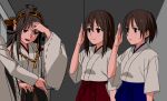  4girls :d ahoge akagi_(kantai_collection) anime_coloring black_eyes brown_hair detached_sleeves female_admiral_(kantai_collection) hairband kaga_(kantai_collection) kantai_collection kinosuke_(sositeimanoga) kongou_(kantai_collection) long_hair multiple_girls nontraditional_miko open_mouth pleated_skirt salute side_ponytail skirt smile sweat 