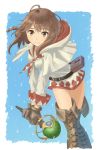  1girl :| ahoge belt belt_pouch blue_background boots braid brown_eyes brown_hair final_fantasy gloves hood hood_down kinosaki-yk long_sleeves payot running solo sparkle standing thigh-highs thigh_boots thigh_gap thighs two-tone_background wand white_background white_mage 