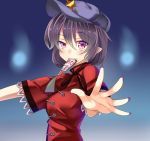  1girl ashu black_hair hat miyako_yoshika mouth_hold ofuda open_hand purple_nails short_hair solo touhou violet_eyes 