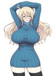  1girl arms_up atago_(kantai_collection) beret black_legwear blonde_hair blush breasts glasses green_eyes hat huge_breasts kantai_collection long_hair looking_at_viewer pas_(paxiti) ribbed_sweater rimless_glasses smile solo sweater sweater_dress thigh-highs turtleneck turtleneck_sweater 