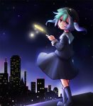  1girl blue_eyes blue_hair boots building building_block cattail cityscape from_behind hat kanno_fumiroku kawashiro_nitori long_sleeves looking_at_viewer looking_back night night_sky plant rubber_boots shirt short_hair skirt skirt_set sky skyscraper solo star star_(sky) starry_sky touhou twintails 