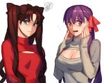 2girls black_hair blush breast_envy breasts cleavage cleavage_cutout fate/stay_night fate_(series) green_eyes hair_ribbon jeonpa large_breasts long_hair matou_sakura multiple_girls open-chest_sweater purple_hair ribbed_sweater ribbon small_breasts squiggle sweater toosaka_rin turtleneck two_side_up violet_eyes 