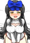  1girl black_hair blush bottomless bow breasts cleavage_cutout gaoo_(frpjx283) hair_bow highres large_breasts long_hair open-chest_sweater open_mouth ribbed_sweater sitting solo star_sapphire sweater touhou very_long_hair wariza yellow_eyes 