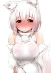  1girl animal_ears blush bra breasts detached_sleeves inubashiri_momiji lace-trimmed_bra large_breasts looking_at_viewer pink_bra red_eyes see-through short_hair simple_background solo tail tera_zip touhou underwear white_background white_hair wolf_ears wolf_tail 