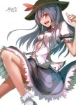  1girl blue_hair hair_over_one_eye hat highres hinanawi_tenshi long_hair myero open_mouth puffy_short_sleeves puffy_sleeves red_eyes shirt short_sleeves signature skirt smile solo touhou 