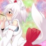  1girl animal_ears bare_shoulders blush breasts detached_sleeves food food_in_mouth hat inubashiri_momiji kunoo_(unnyuu) looking_at_another multicolored_background nose_blush pocky pom_pom_(clothes) profile red_eyes ribbon-trimmed_sleeves ribbon_trim sarashi short_hair silver_hair tail tokin_hat touhou wolf_ears wolf_tail 