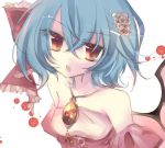  1girl alternate_costume bat_wings brooch colored_eyelashes detached_sleeves dress fang flower hair_flower hair_ornament imari_yuka jewelry lavender_hair off_shoulder open_mouth pink_dress red_eyes remilia_scarlet short_hair solo touhou wings 