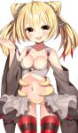  1girl bare_shoulders blonde_hair blush breasts cleavage detached_sleeves giratina hair_ribbon kuro_guren looking_at_viewer open_mouth personification pokemon pokemon_(game) pokemon_dppt revealing_clothes ribbon smile thigh-highs twintails white_background yellow_eyes 