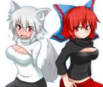  2girls alternate_costume animal_ears blush bow breasts cleavage cleavage_cutout flying_sweatdrops hair_bow inubashiri_momiji katsumi5o large_breasts long_sleeves multiple_girls open-chest_sweater open_mouth red_eyes redhead ribbed_sweater sekibanki silver_hair skirt sweater tail touhou turtleneck wavy_mouth wolf_ears wolf_tail 