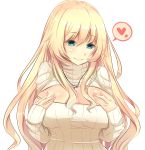  1girl alternate_costume aqua_eyes atago_(kantai_collection) breast_suppress breasts bust cleavage cleavage_cutout heart kantai_collection koruta_(nekoimo) large_breasts long_hair open-chest_sweater ribbed_sweater simple_background smile solo spoken_heart sweater turtleneck white_background 