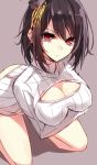  1girl alternate_costume aosaki_yukina black_hair breast_hold breasts cleavage cleavage_cutout grey_background headgear kantai_collection kneeling looking_at_viewer open-chest_sweater red_eyes ribbed_sweater short_hair sketch solo sweater turtleneck yamashiro_(kantai_collection) 