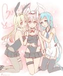  3girls :d :o animal_ears blonde_hair blue_eyes blue_hair bunny_girl bunny_tail bunnysuit fang gradient_hair hair_flaps hair_ornament hair_ribbon hairclip harusame_(kantai_collection) kantai_collection long_hair multicolored_hair multiple_girls neckerchief open_mouth pantyhose pink_hair pleated_skirt rabbit_ears red_eyes ribbon sailor_collar samidare_(kantai_collection) scarf sketch skirt smile tail thigh-highs yuudachi_(kantai_collection) zashiki_usagi 