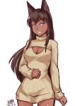  1girl animal_ears blue_eyes brown_hair cleavage_cutout dark_skin genderswap league_of_legends long_hair nam_(valckiry) nasus open-chest_sweater personification ribbed_sweater smile solo sweater 
