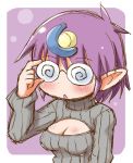 1girl @_@ adjusting_glasses arara_cocoa blush breasts cleavage cleavage_cutout coke-bottle_glasses crescent_hair_ornament freckles gerotan glasses hair_ornament ng_knight_lamune_&amp;_40 open-chest_sweater pointy_ears purple_hair ribbed_sweater round_glasses short_hair solo sweater 