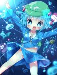  1girl :d akisha blue_eyes blue_hair fish hair_bobbles hair_ornament hat kawashiro_nitori key looking_at_viewer navel open_mouth outstretched_arms short_hair smile solo spread_arms touhou two_side_up underwater 