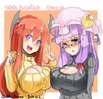  2girls asymmetrical_docking blue_eyes breast_press breasts cleavage cleavage_cutout crescent glasses hair_ribbon head_wings koakuma large_breasts long_hair looking_at_viewer mob_cap multiple_girls open-chest_sweater patchouli_knowledge purple_hair redhead ribbed_sweater ribbon sketch sweater touhou v violet_eyes 